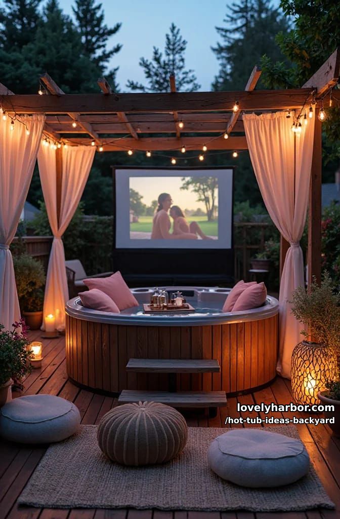 hot tub on deck with pergola, sheer curtains, floor cushions, and outdoor movie. 1