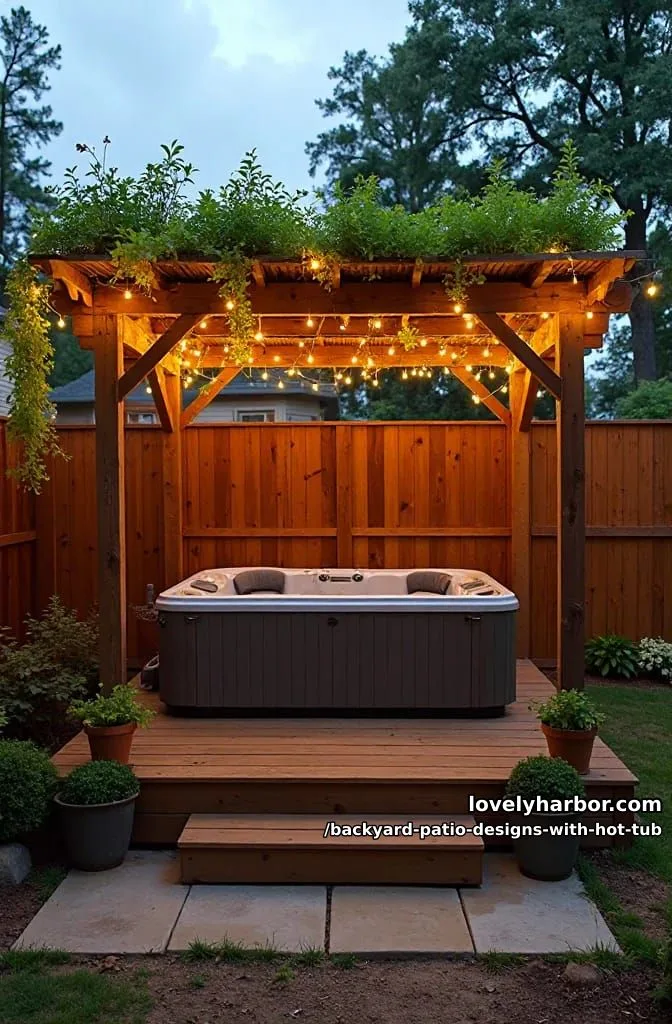 20 Dreamy Backyard Patios with Hot Tubs to Inspire 8 hot tub under pergola, string lights, potted plants, and privacy fence. 1
