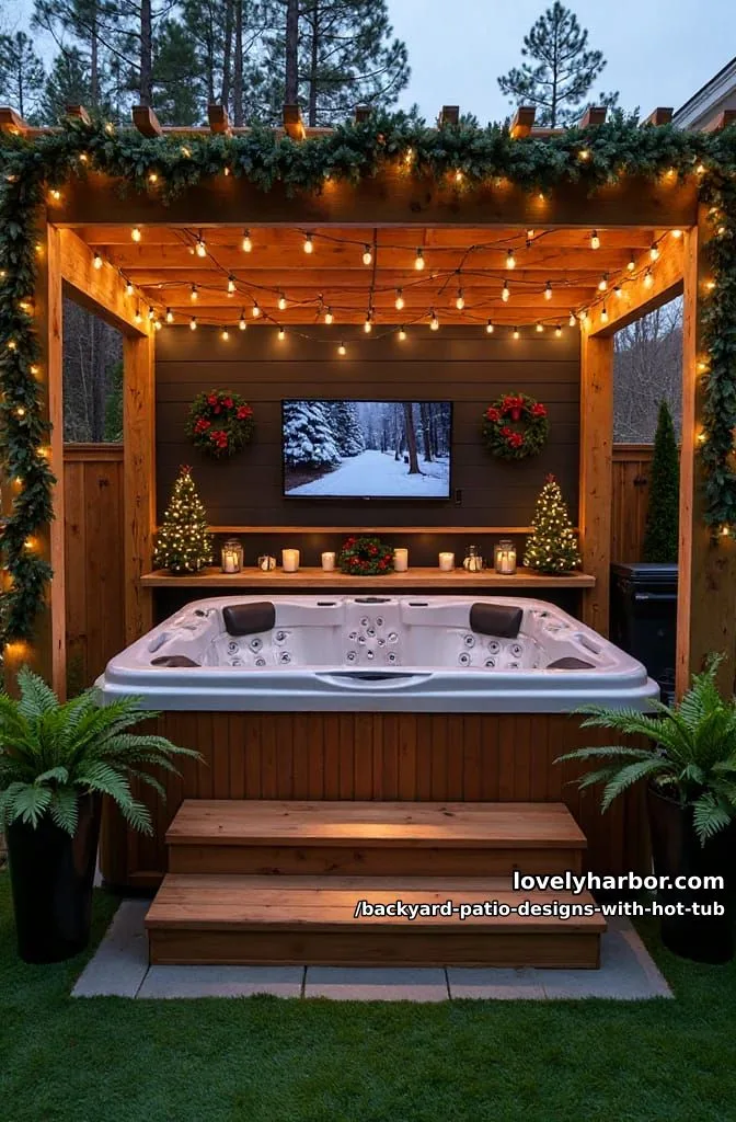 20 Dreamy Backyard Patios with Hot Tubs to Inspire 5 hot tub under pergola with garlands, string lights, wreaths, and tv. 1