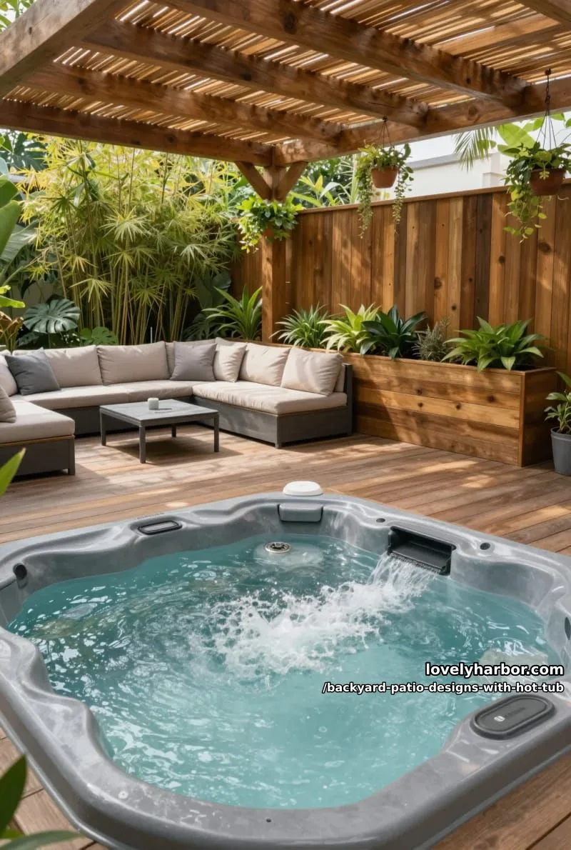 20 Dreamy Backyard Patios with Hot Tubs to Inspire 17 hot tub under timber pergola, sectional sofa, bamboo, and privacy screen. 1