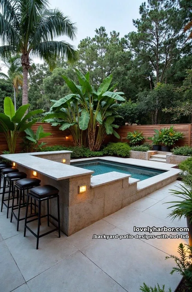 20 Dreamy Backyard Patios with Hot Tubs to Inspire 19 hot tub with l-shaped bar counter, bar stools, and tropical landscaping. 1