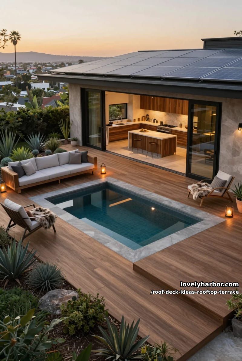 house with rooftop deck, solar panels, sunken pool, and seamless indoor-outdoor living. 1