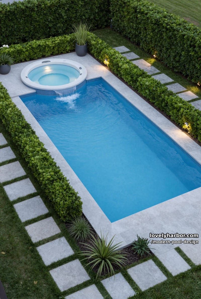 illuminated pool and raised hot tub, manicured hedges, stone pathway, and accent lights. 1