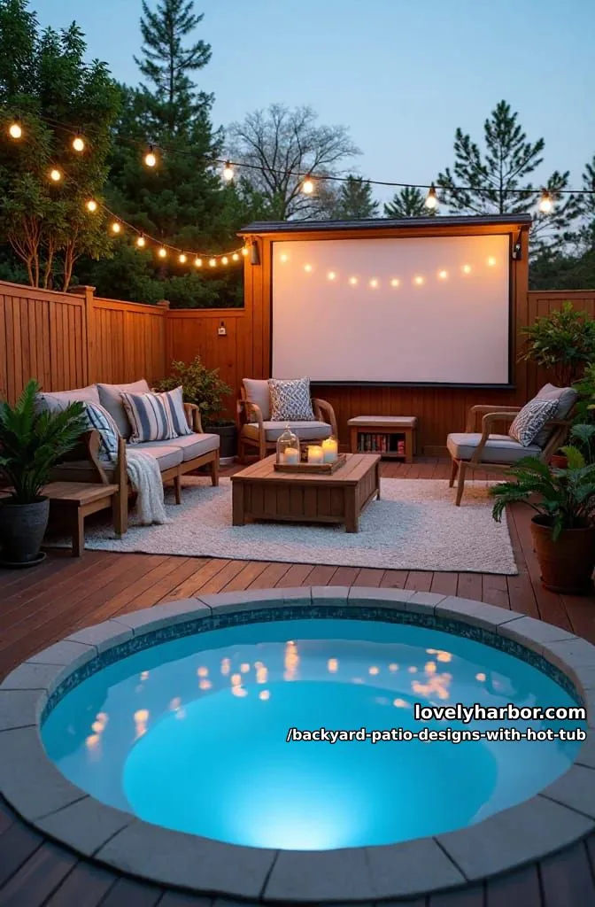 20 Dreamy Backyard Patios with Hot Tubs to Inspire 4 in-ground round hot tub on wooden deck, movie screen, and string lights. 1