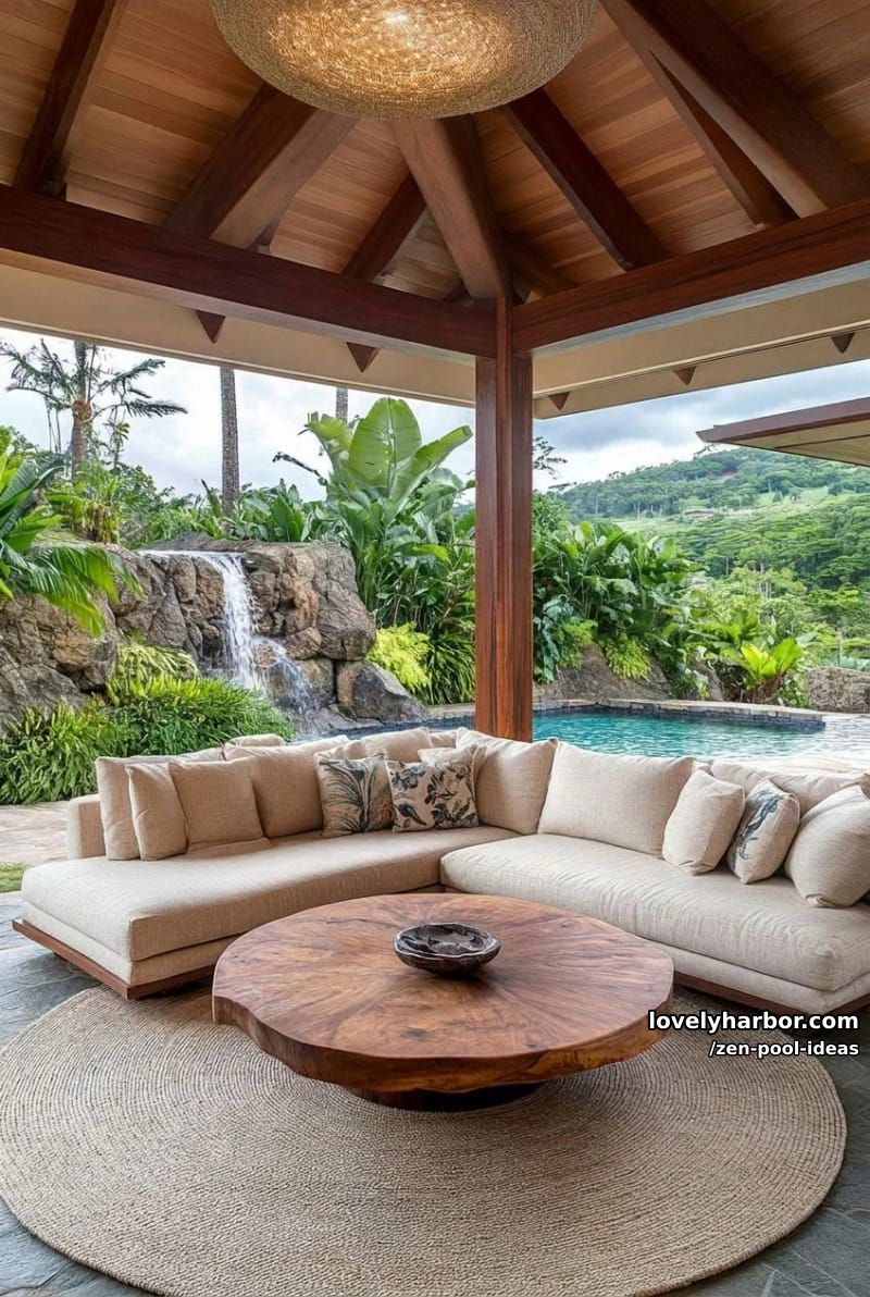 indoor-outdoor living space, stone walls, sectional sofa, pool, tropical garden. 1