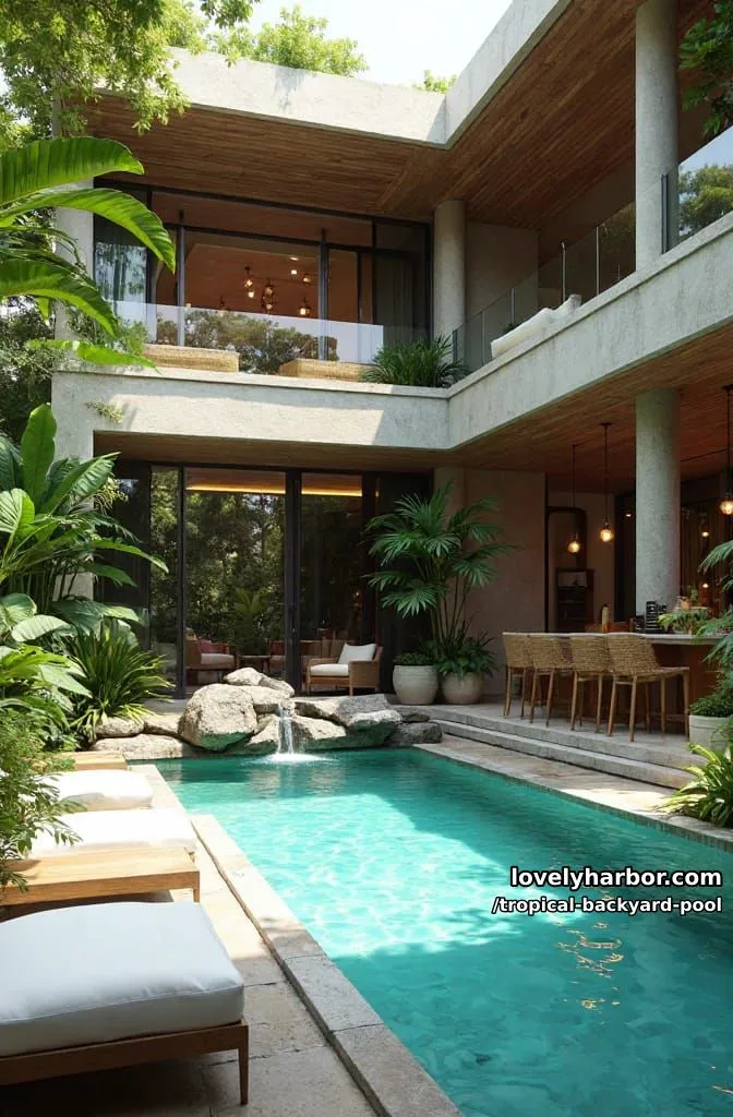 20 Tropical Backyard Pools That Feel Like a Resort 14 indoor-outdoor living with pool, rock waterfall, bar, and upper terrace 1