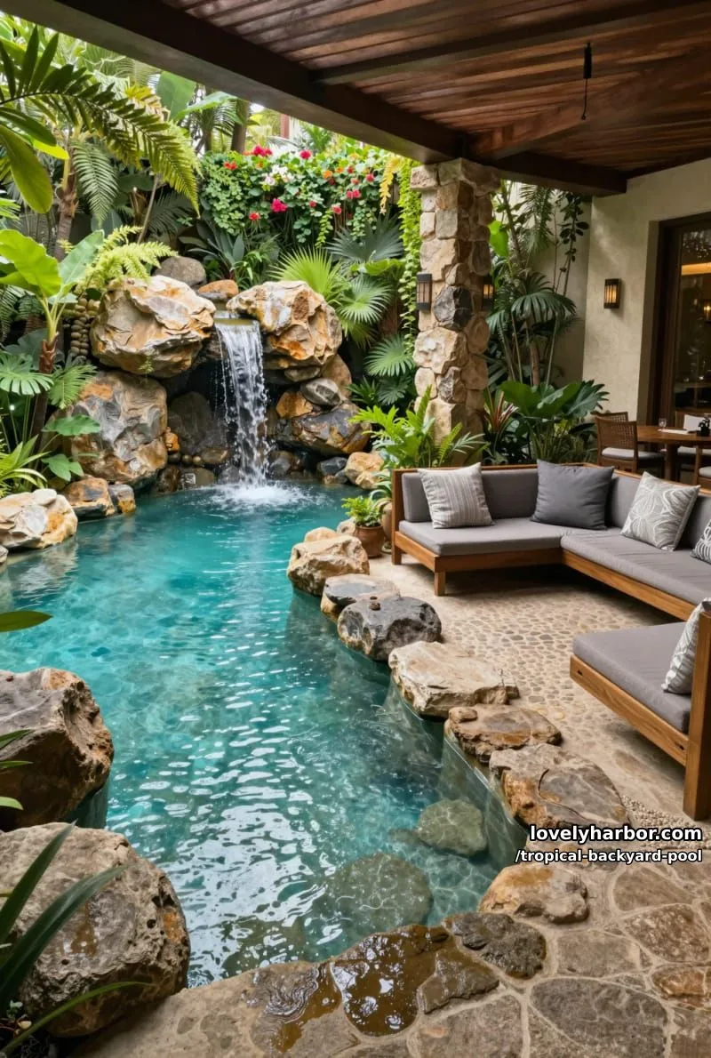 20 Tropical Backyard Pools That Feel Like a Resort 5 indoor-outdoor pool with rock waterfall, wooden sofa, and flowering vines 1