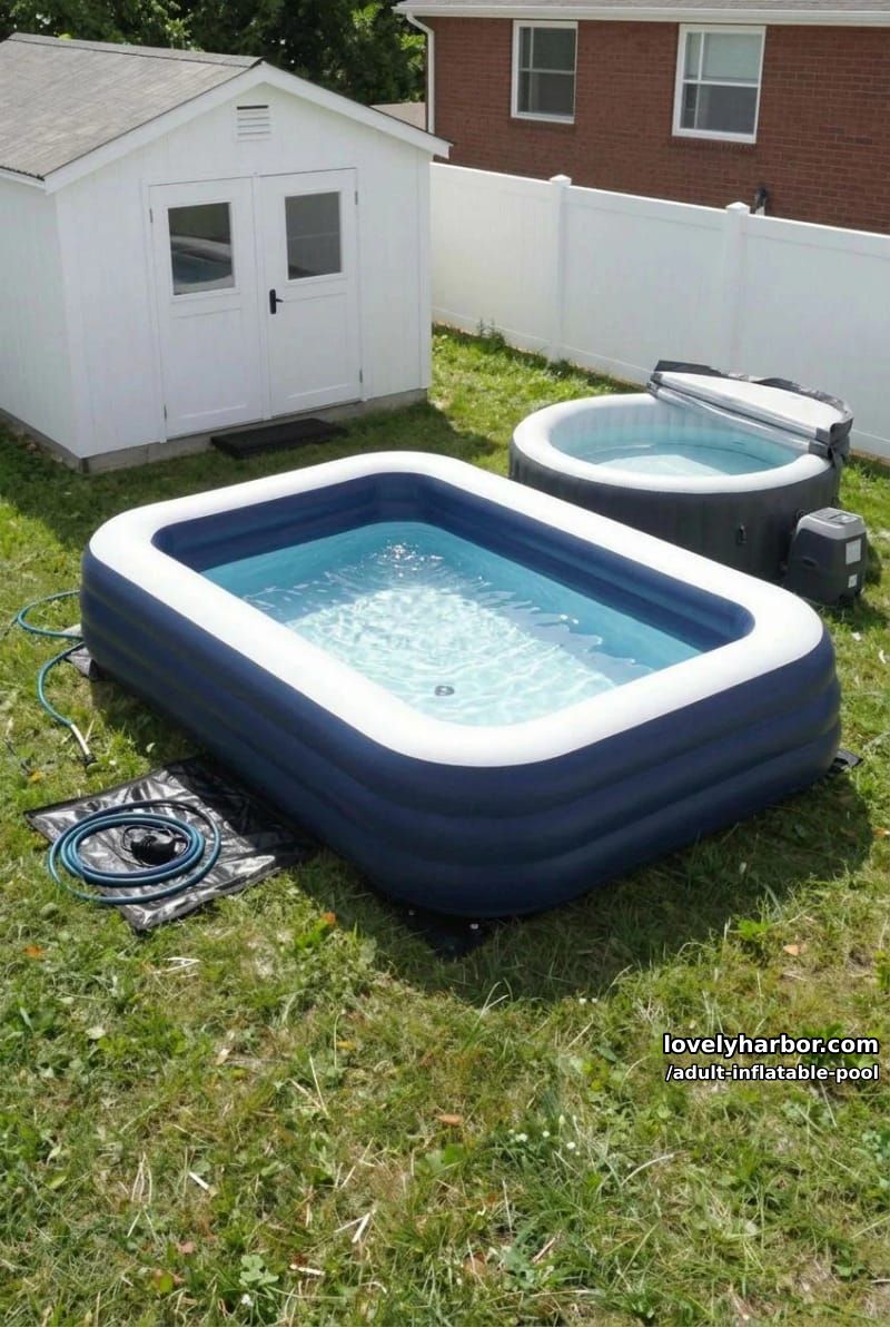 inflatable pool and hot tub in organized backyard with shed. 1