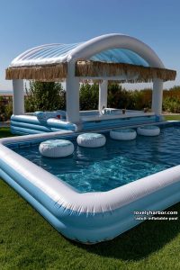 inflatable pool bar with canopy and stools on lawn, people socializing. 3