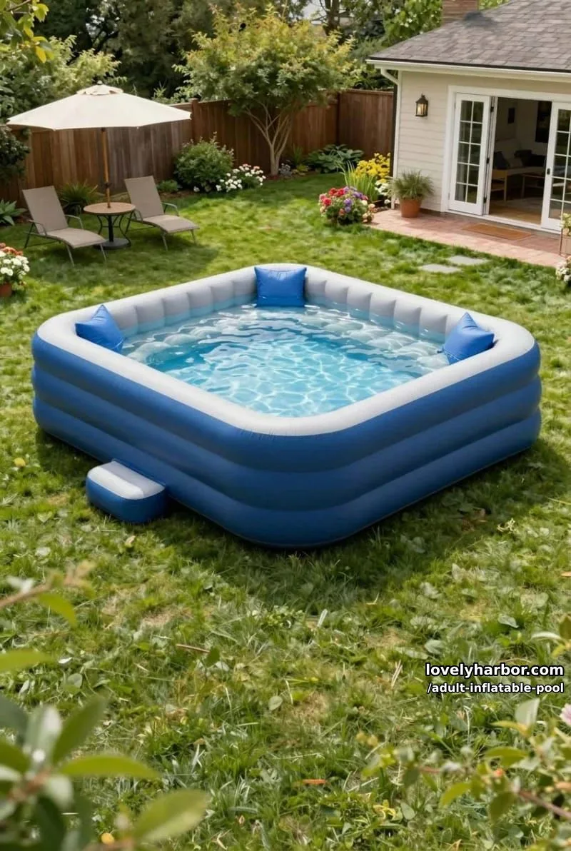 19 Fun Adult Inflatable Pools For Your Backyard 17 inflatable pool with wraparound gray sofa and blue pillows in garden. 1