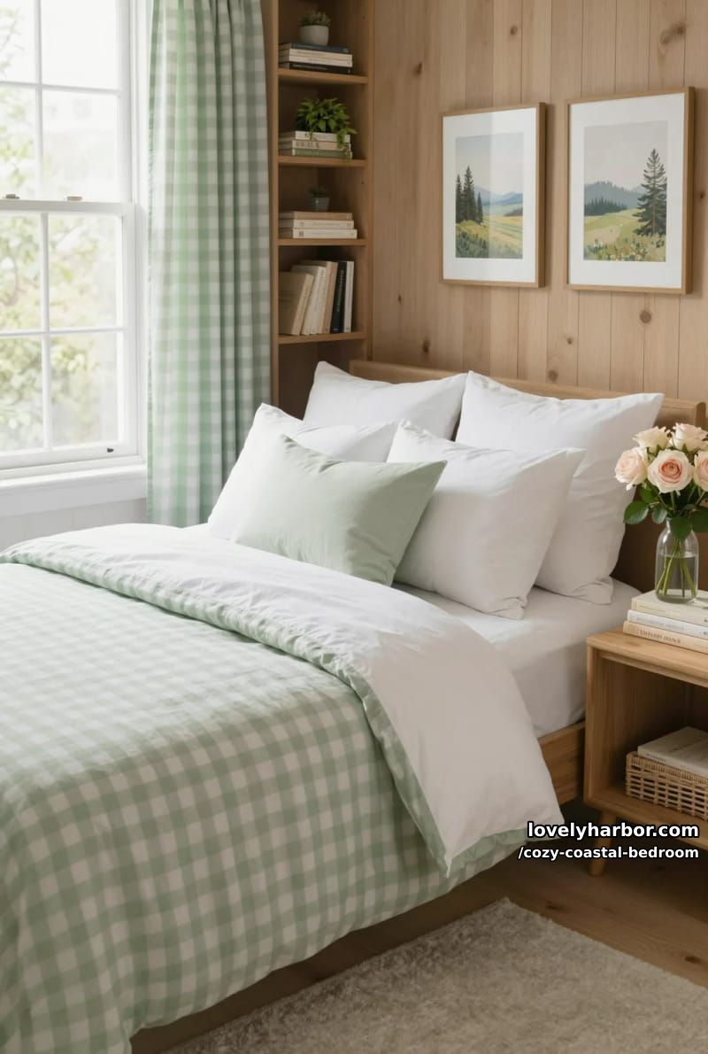 20 Dreamy Coastal Bedrooms for a Serene Retreat 5 inviting bedroom with green gingham bedding and built-in bookshelf 1