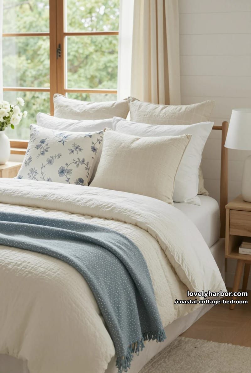 inviting bedroom with quilted cream bedspread, blue floral pillows, and wood windows. 1