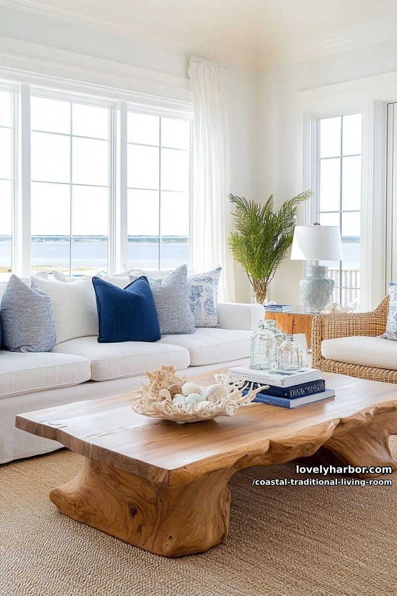 20 Dreamy Coastal Traditional Living Room Designs to Inspire 18 inviting living room with blue-gray pillows, rustic coffee table, and coastal art. 1