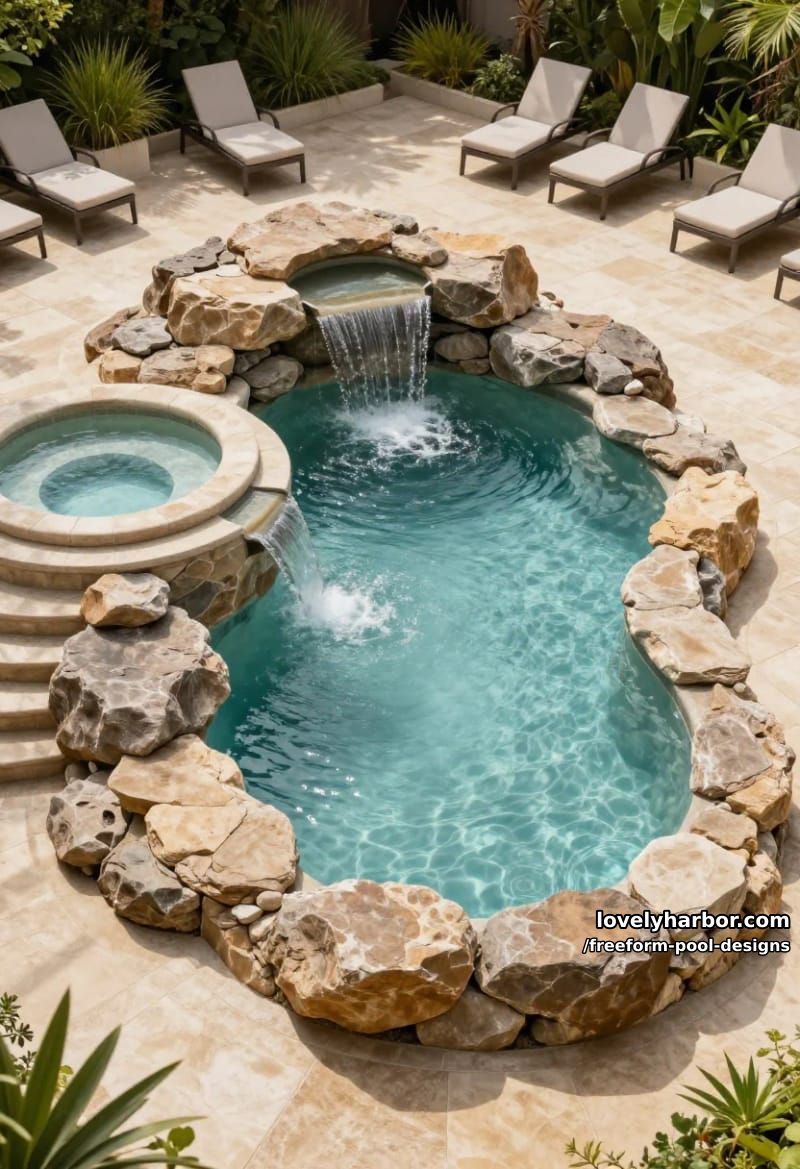 irregular pool with cascading stone waterfall, raised hot tub, lounge chairs, and patio. 1