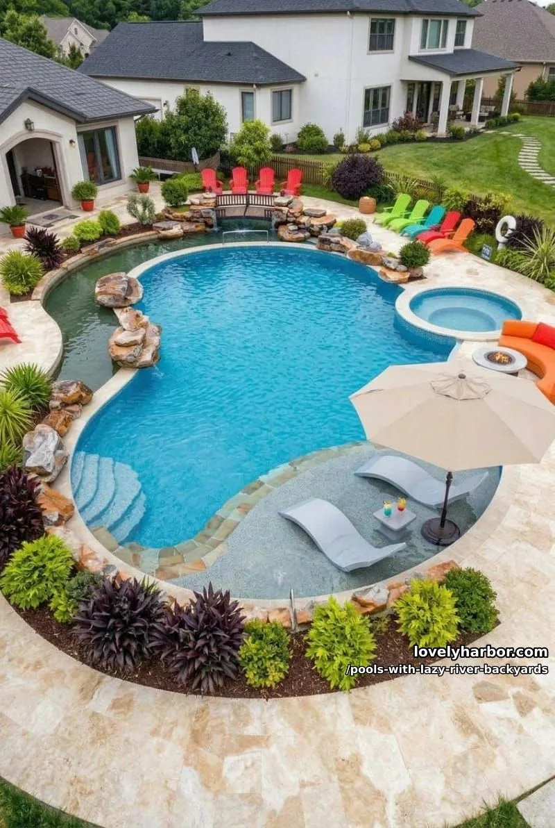 19 Pools with Lazy Rivers for Stunning Backyards 19 irregular pool with hot tub, lazy river, waterfall, and colorful lounge areas. 1