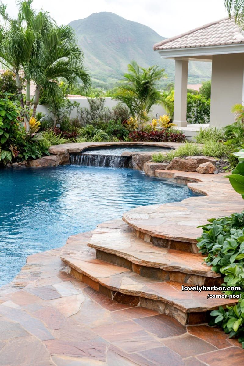 irregular stone pool with waterfall, tropical plants, and mountain view 1
