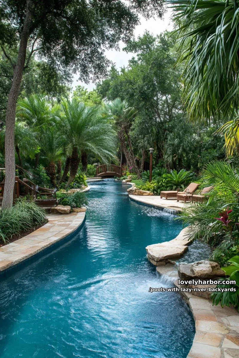 19 Pools with Lazy Rivers for Stunning Backyards 7 jungle-style winding pool surrounded by dense tropical foliage and bridges. 1