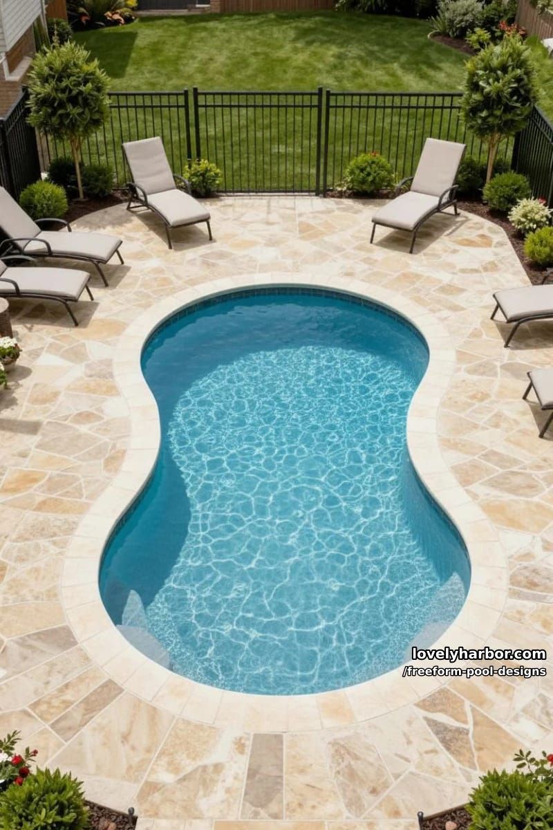 kidney-bean shaped pool with stone deck, fence, lounge chairs, and trimmed landscaping. 1