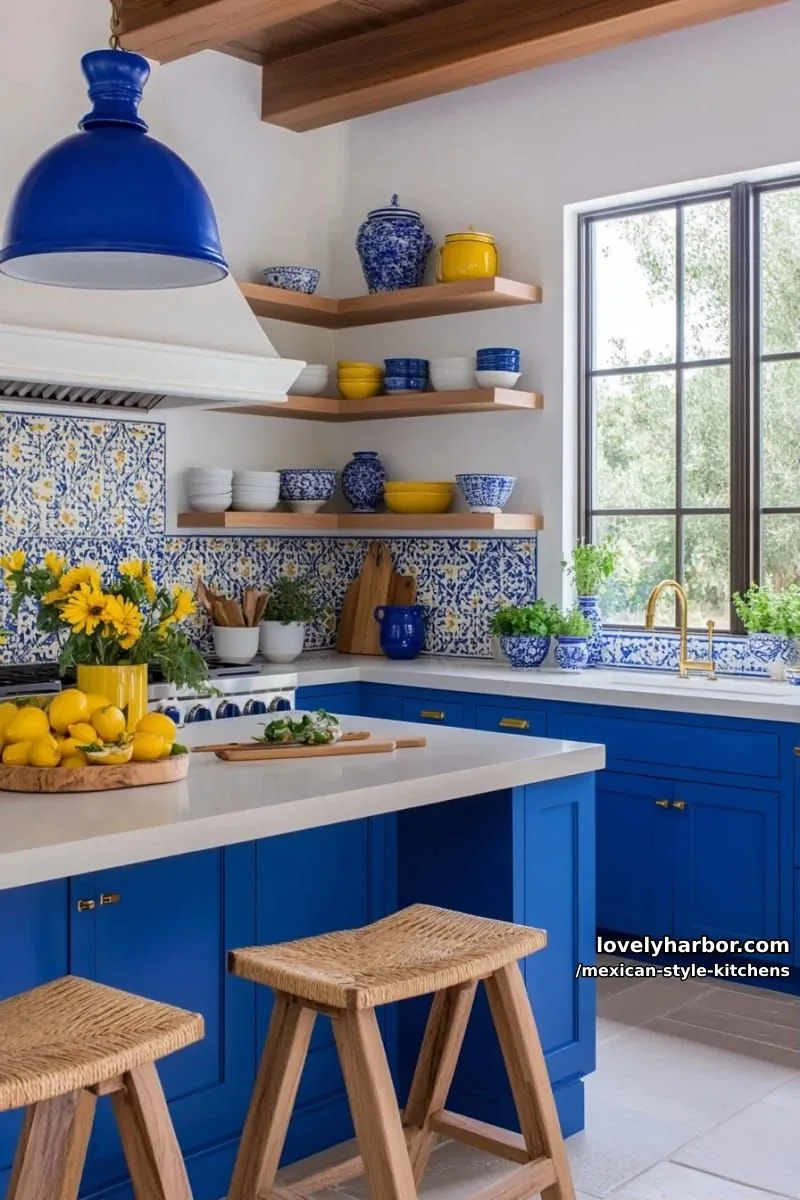 14 Mexican Style Kitchens You'll Want to Copy 12 kitchen with royal blue cabinets, yellow and blue tile accents, and open shelves. 1