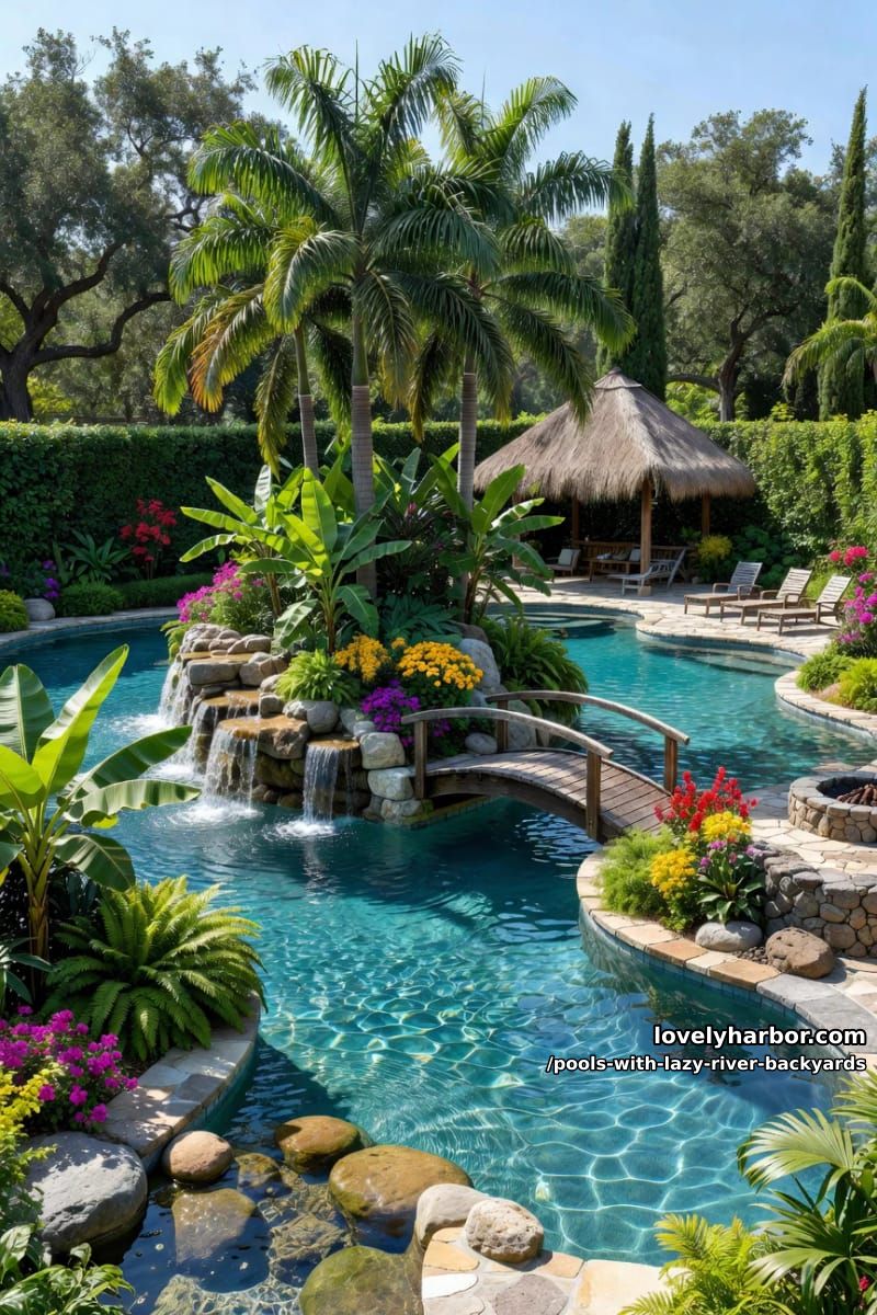 lagoon pool complex with central island, lazy river, and tropical plants. 1