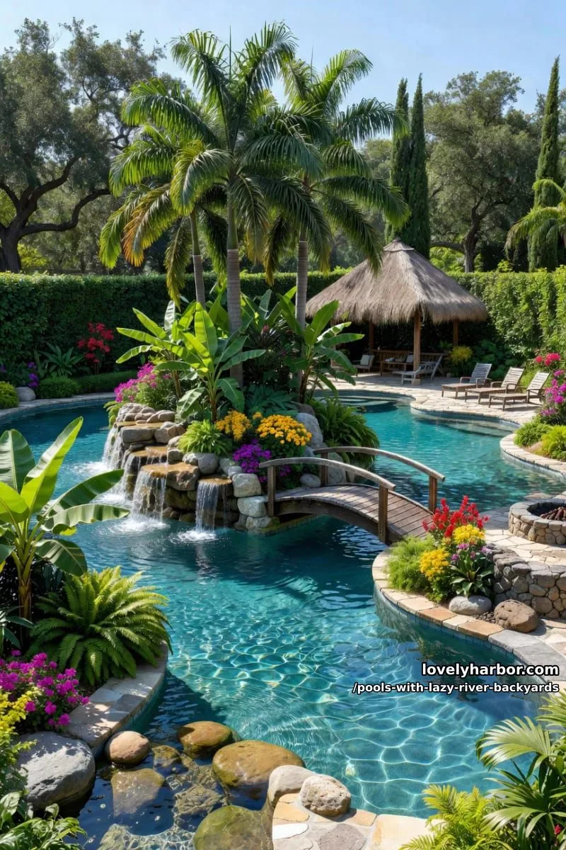 19 Pools with Lazy Rivers for Stunning Backyards 4 lagoon pool complex with central island, lazy river, and tropical plants. 1