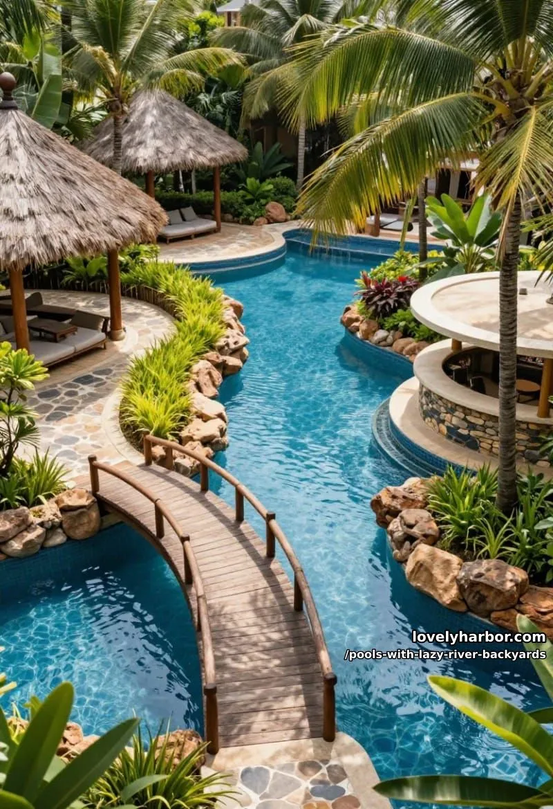 19 Pools with Lazy Rivers for Stunning Backyards 10 lagoon pool with lazy river, palapa cabanas, bridges, and swim-up bar. 1