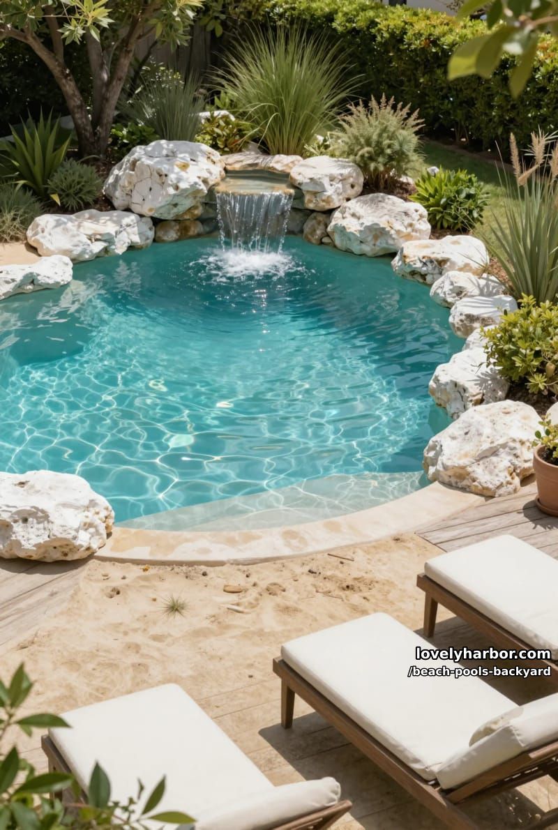 lagoon-style pool with sandy beach entry, white rocks, wooden deck, and greenery. 1