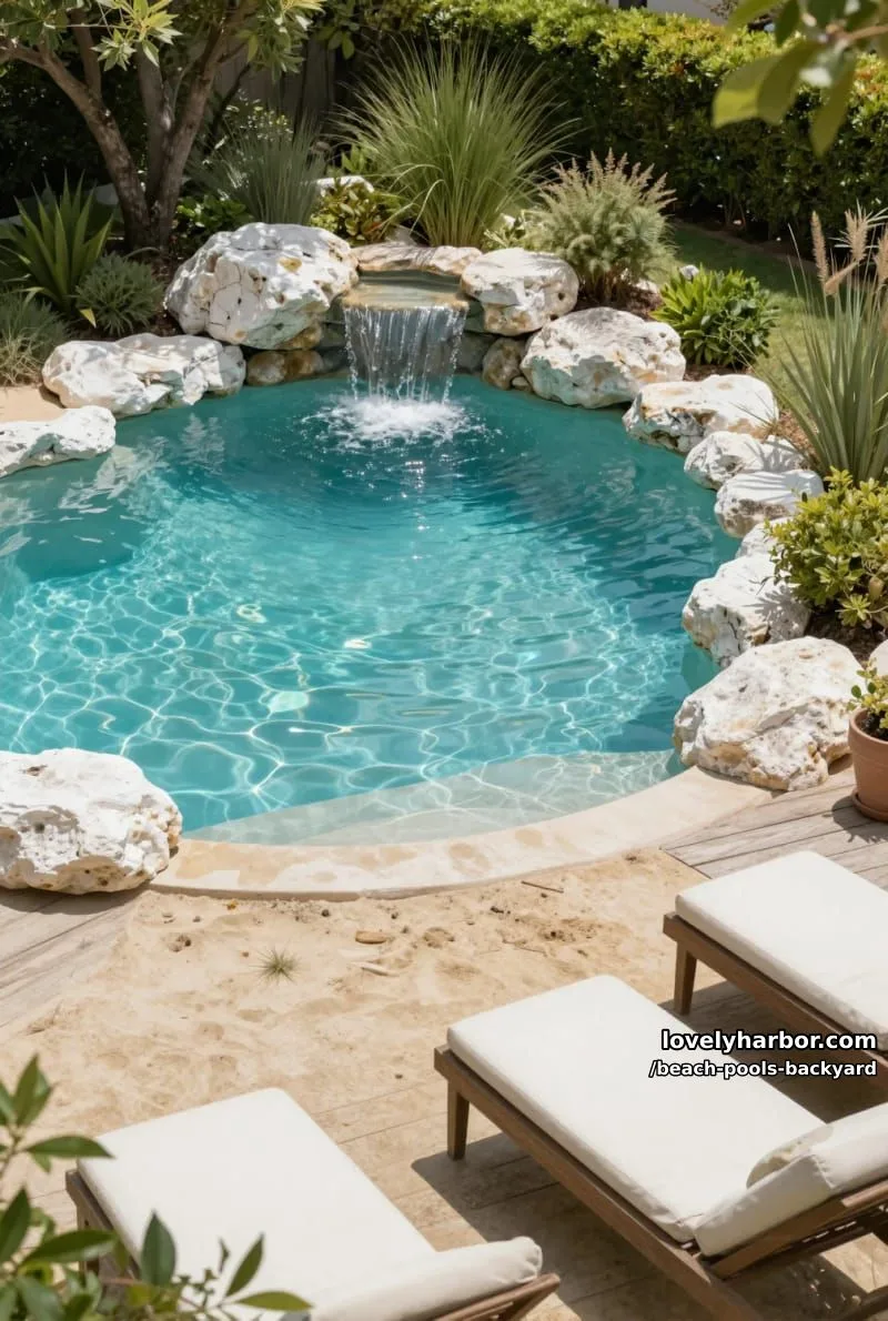 lagoon-style pool with sandy beach entry, white rocks, wooden deck, and greenery. 1