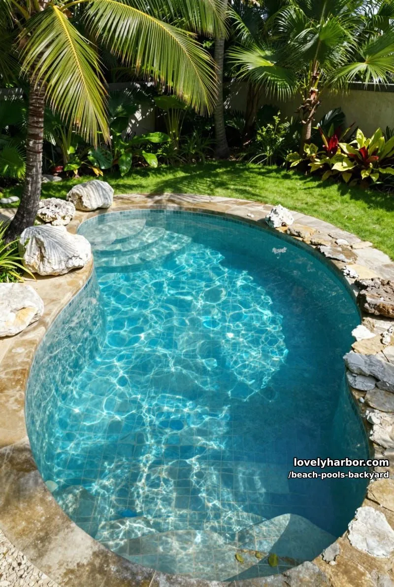 lagoon-style pool with stone edging, palm trees, and lush tropical landscaping. 1