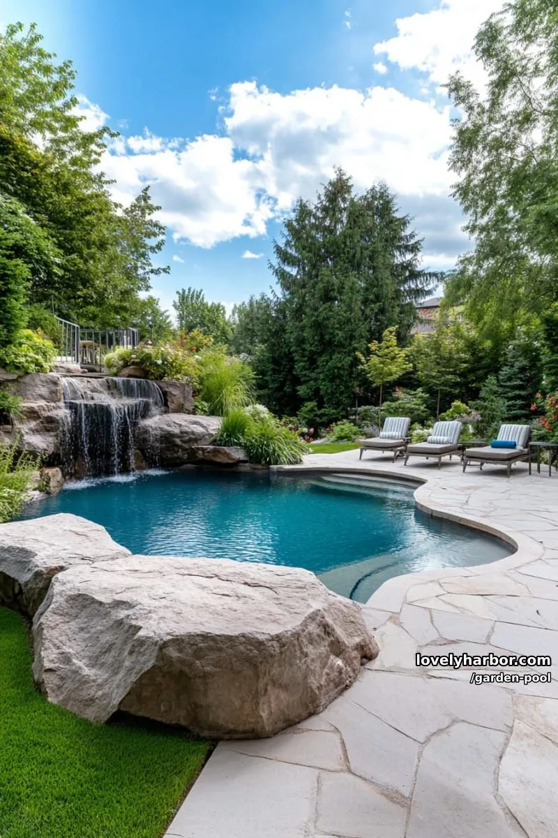 large organic pool, beige stone edging, multi-level waterfall, geometric turf paving. 1