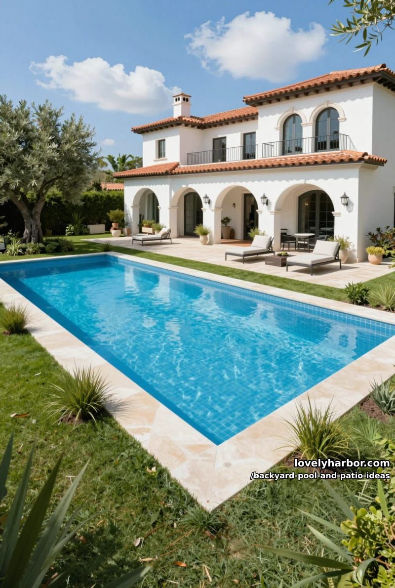 large rectangular pool, manicured lawn, mediterranean villa, covered patio, resort atmosphere. 1