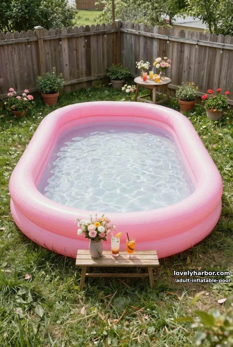 large scalloped pink inflatable pool, drinks on table and flower decor. 1