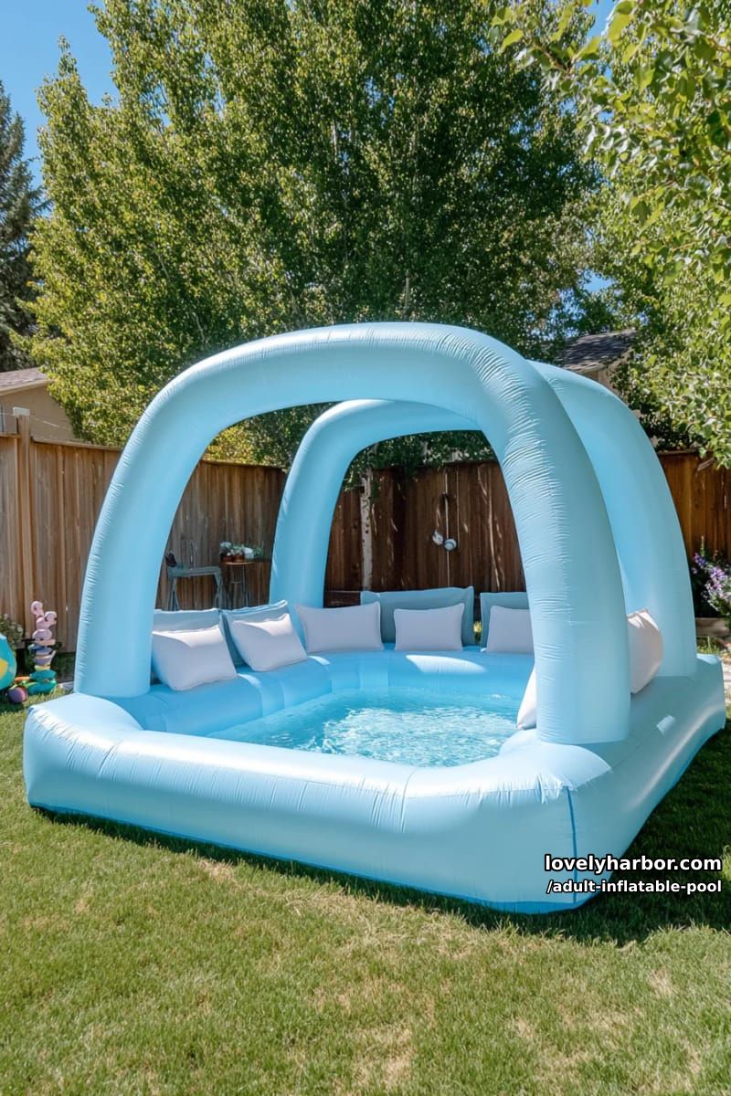 large square inflatable pool with arches and built-in seating in backyard. 1
