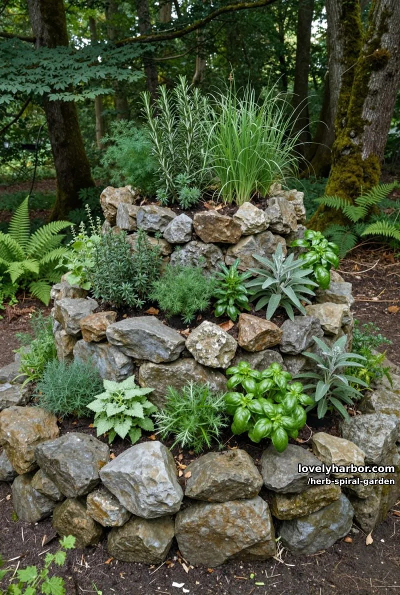 20 Unique Herb Spiral Garden Designs for Modern Yards 15 large three-tiered stone spiral herb garden in woodland. 1