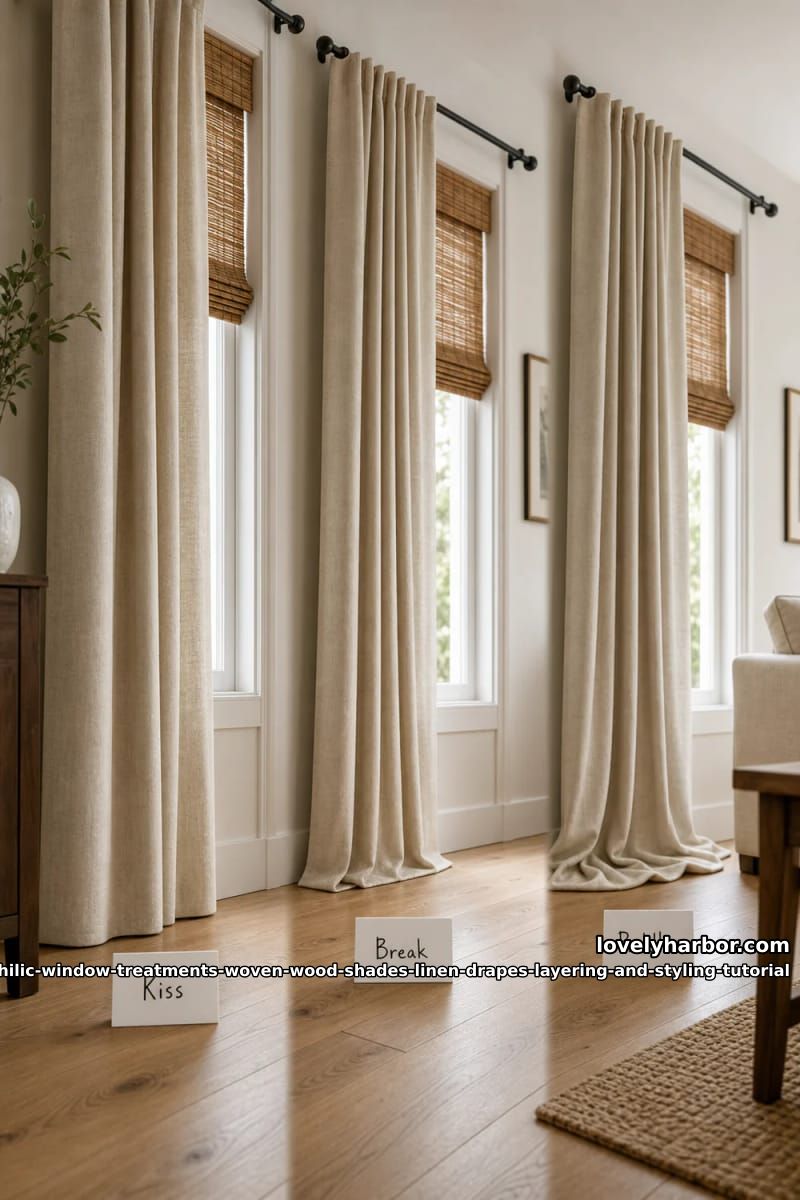 Biophilic Window Layering Tutorial for Woven Wood Shades and Linen Drapes 11 length archetypes: kiss, break, puddle 1