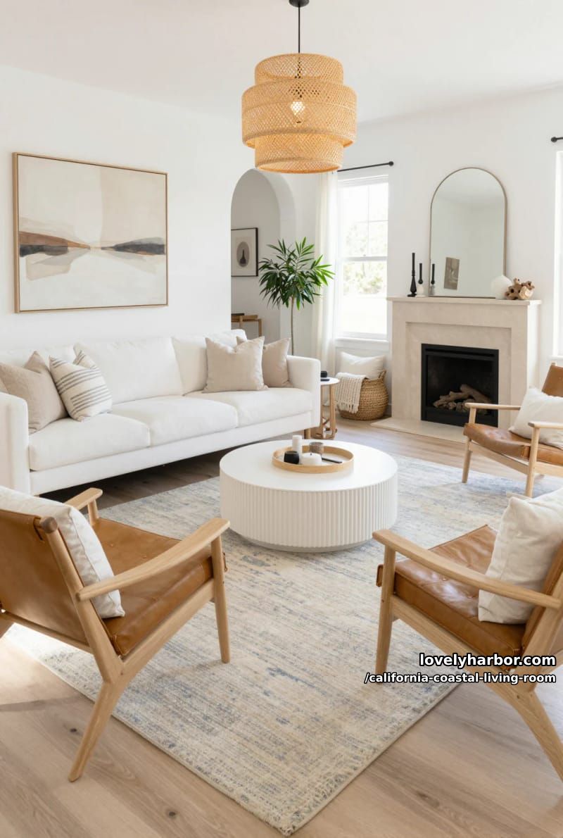 light and airy living room, white sofa, ribbed coffee table, and abstract art. 1