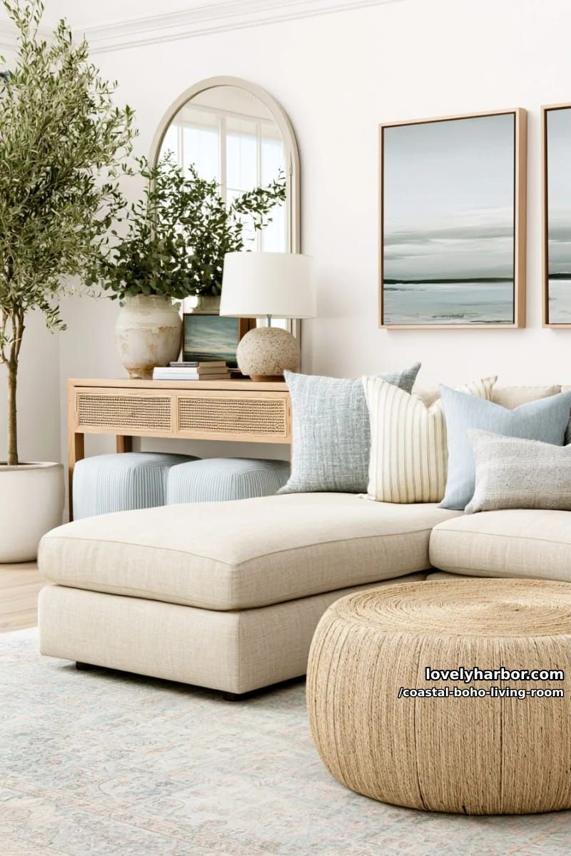 light beige sectional sofa with pastel pillows and coastal landscape art. 1