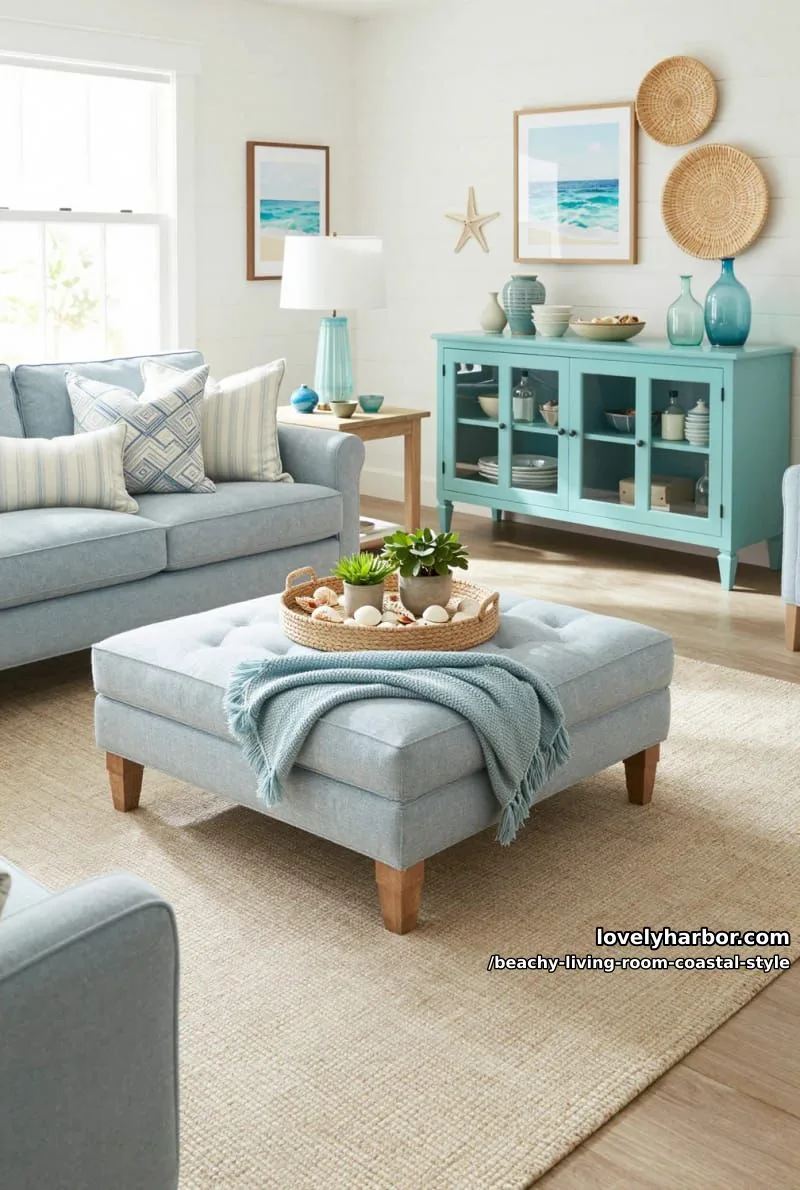 light blue coastal living room with shiplap walls and turquoise sideboard 1