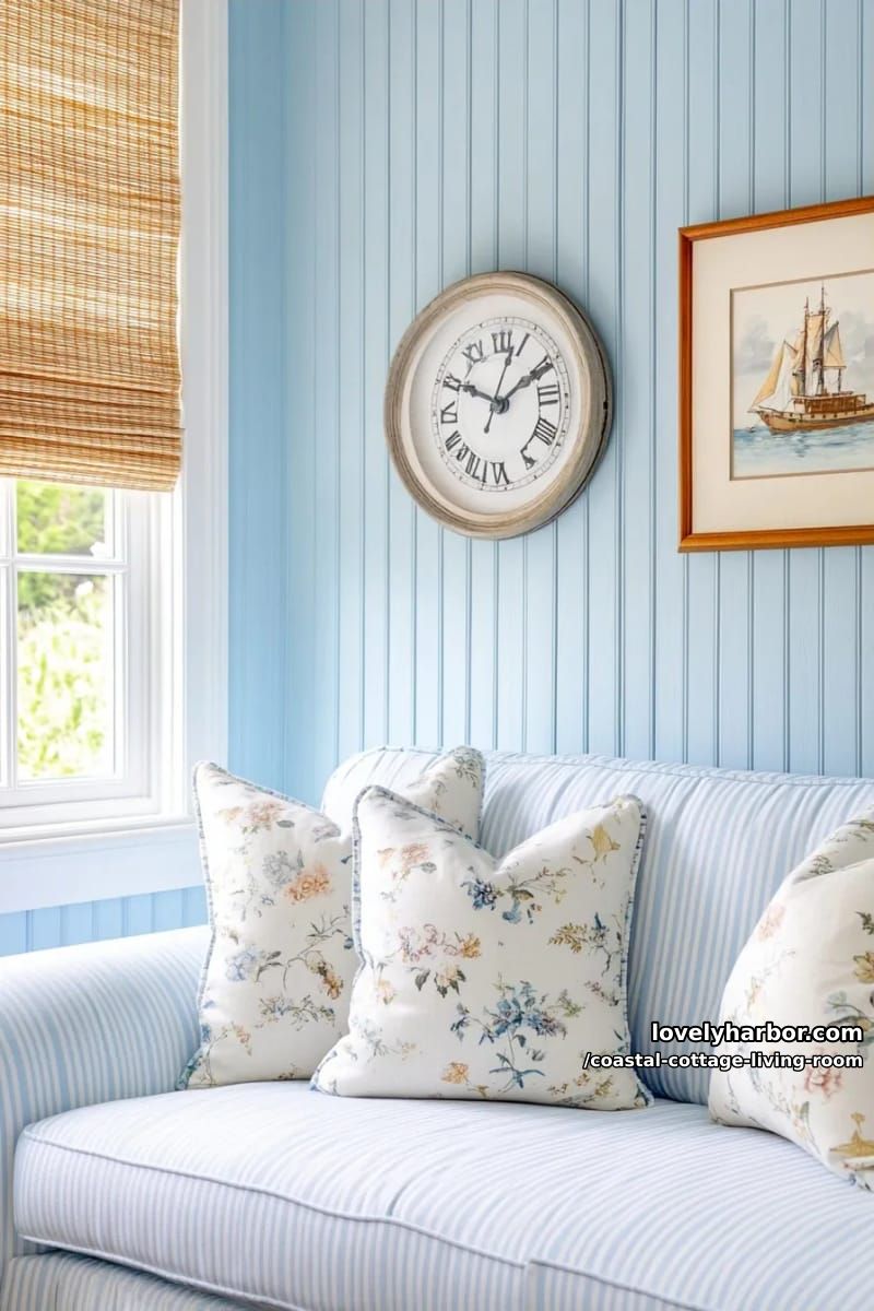 light blue paneled wall with nautical art and patterned throw pillows. 1