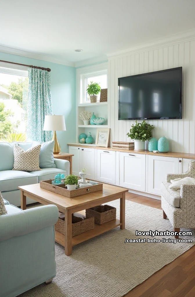 light blue sofas, woven baskets, and coastal decor in airy living room. 1