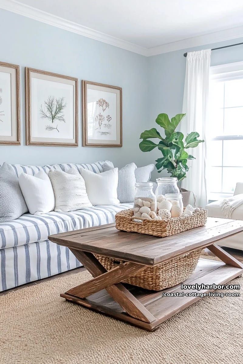 light blue walls, striped sofa, and gallery wall with natural history prints. 1