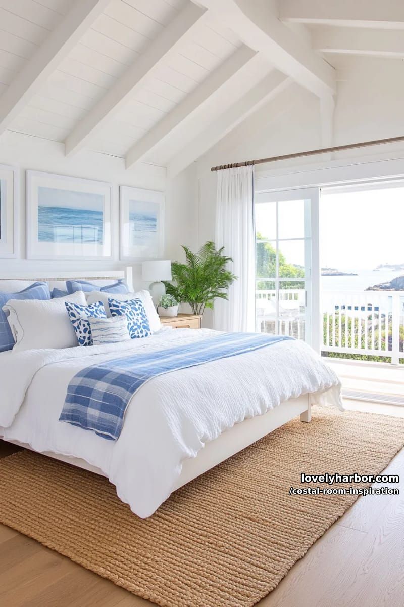 light, coastal bedroom with blue and white cottage-inspired decor. 1