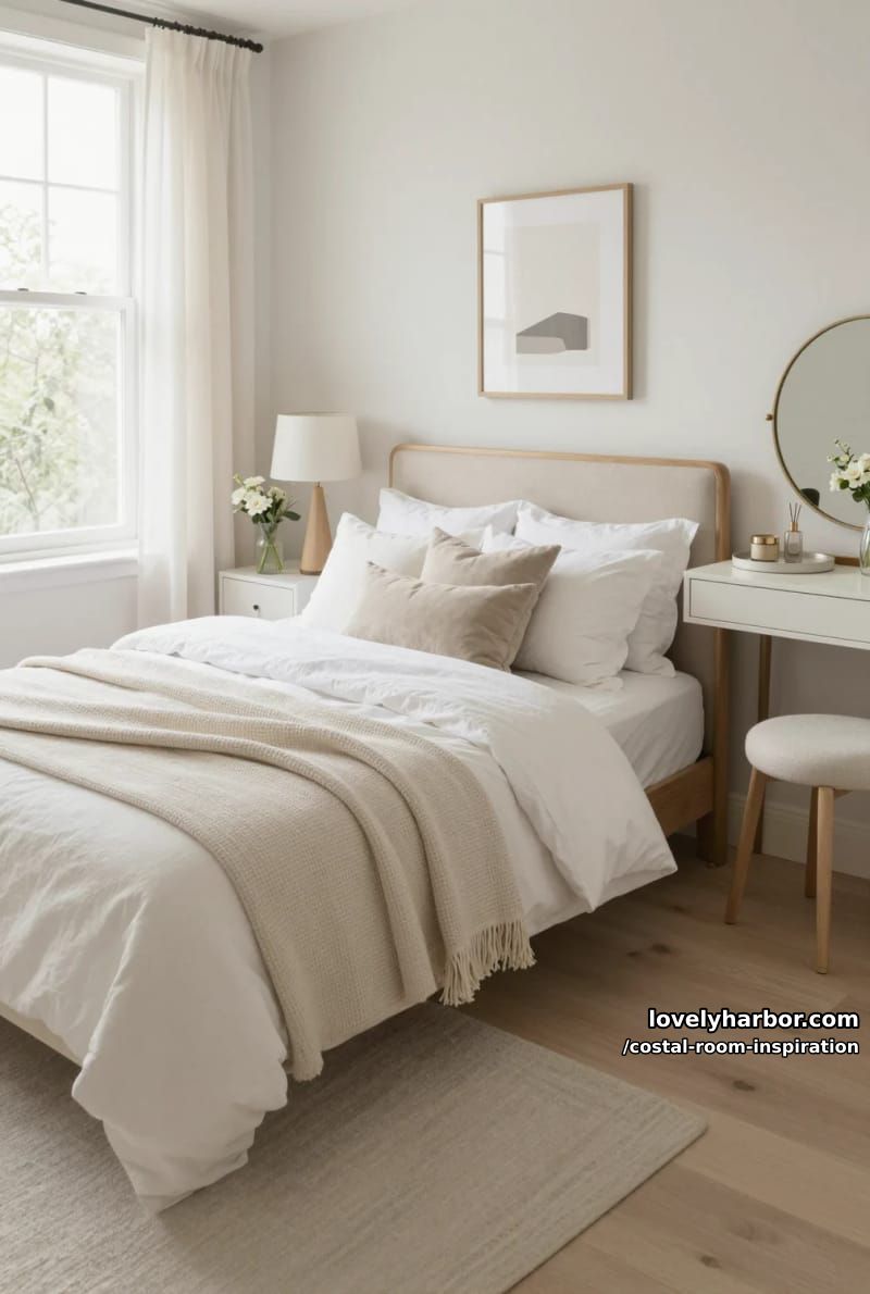 light-filled bedroom with neutral bedding, minimalist art, and fresh flowers. 1