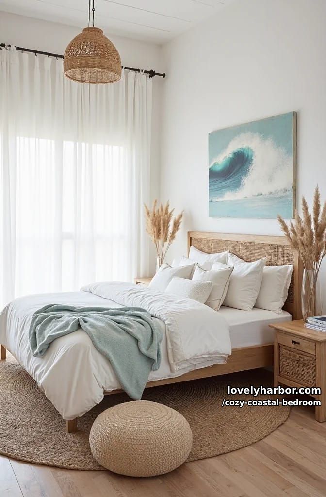 20 Dreamy Coastal Bedrooms for a Serene Retreat 13 light-filled bedroom with white bedding, pampas grass, and rattan accents 1