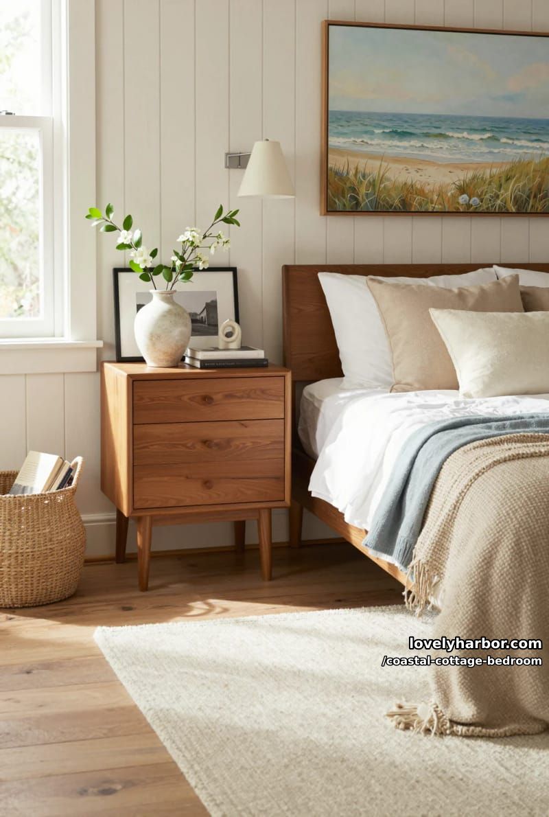 light-filled bedroom with wood panel walls, mid-century nightstand, and beach artwork. 1