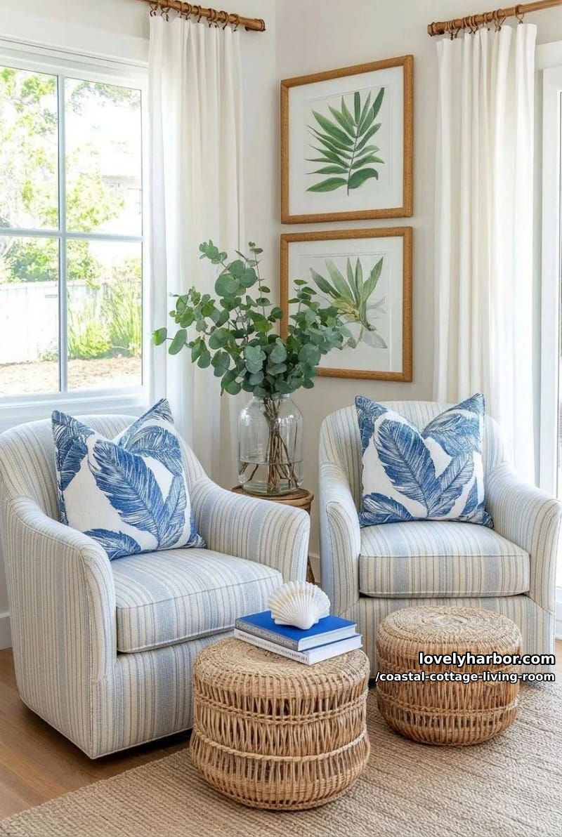light-filled corner with woven wall hangings, striped chairs, and botanical art. 1