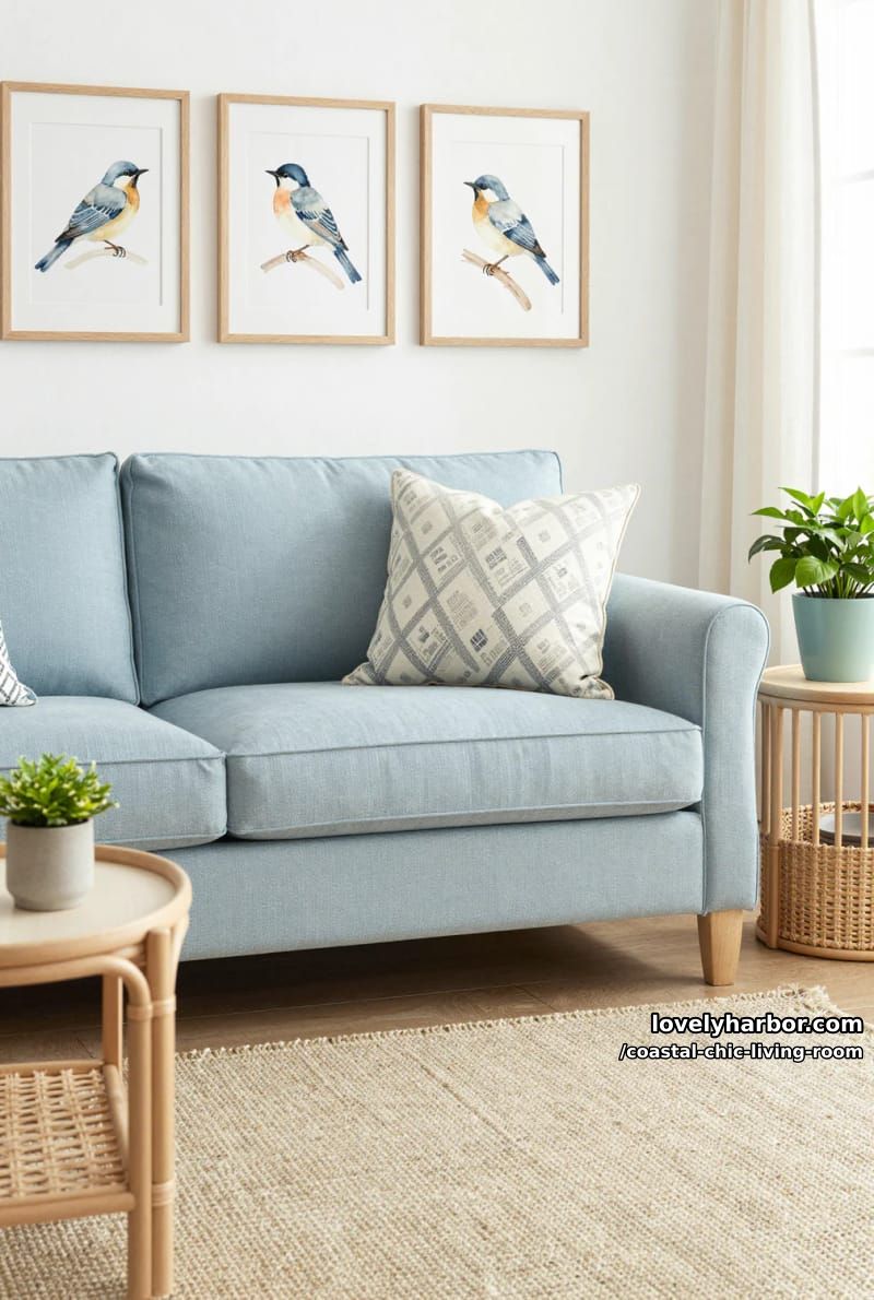 light living room with blue slipcovered sofa, bird art, and rattan side table. 1