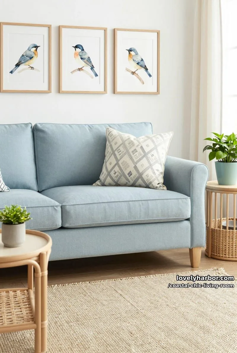20 Chic Coastal Living Rooms You'll Love 11 light living room with blue slipcovered sofa, bird art, and rattan side table. 1