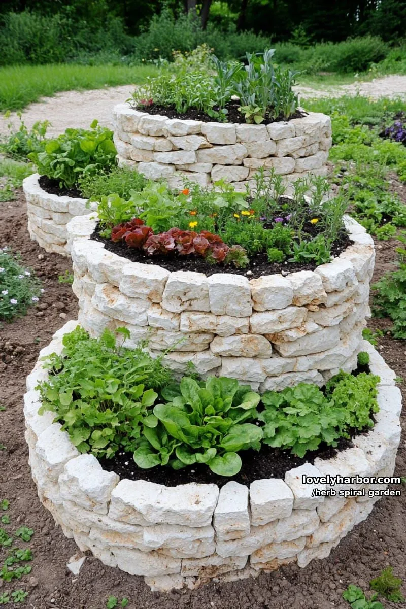 20 Unique Herb Spiral Garden Designs for Modern Yards 10 light stone spiral herb garden with dense leafy plantings. 1