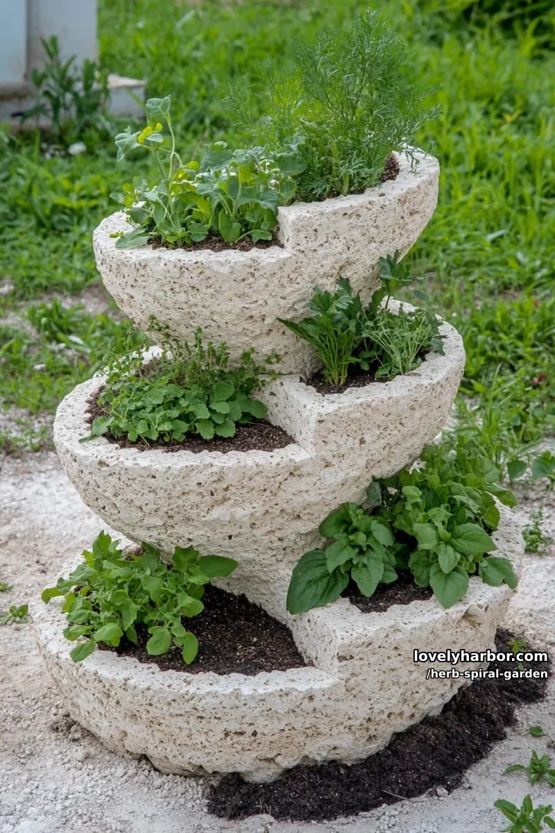 20 Unique Herb Spiral Garden Designs for Modern Yards 11 light stone spiral herb garden with dense leafy plantings. 1